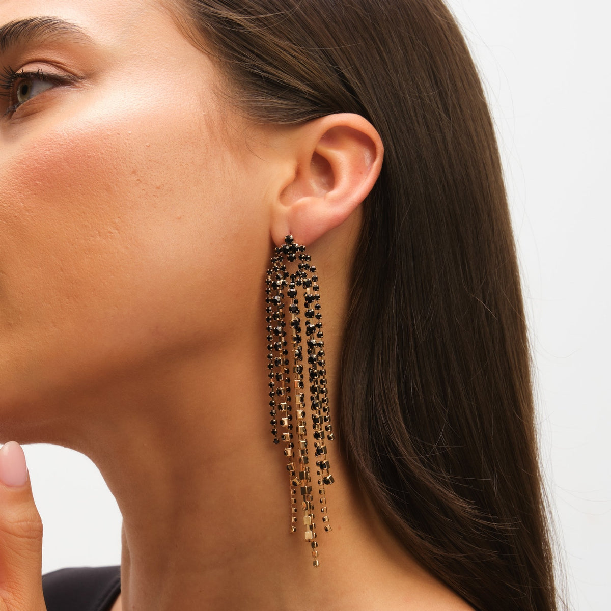 Mood Jet Crystal Multi Strand Long Statement Drop Earrings