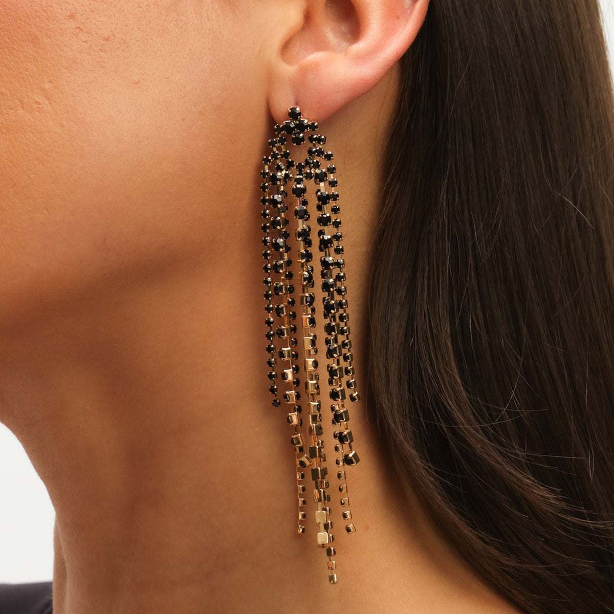 Mood Jet Crystal Multi Strand Long Statement Drop Earrings