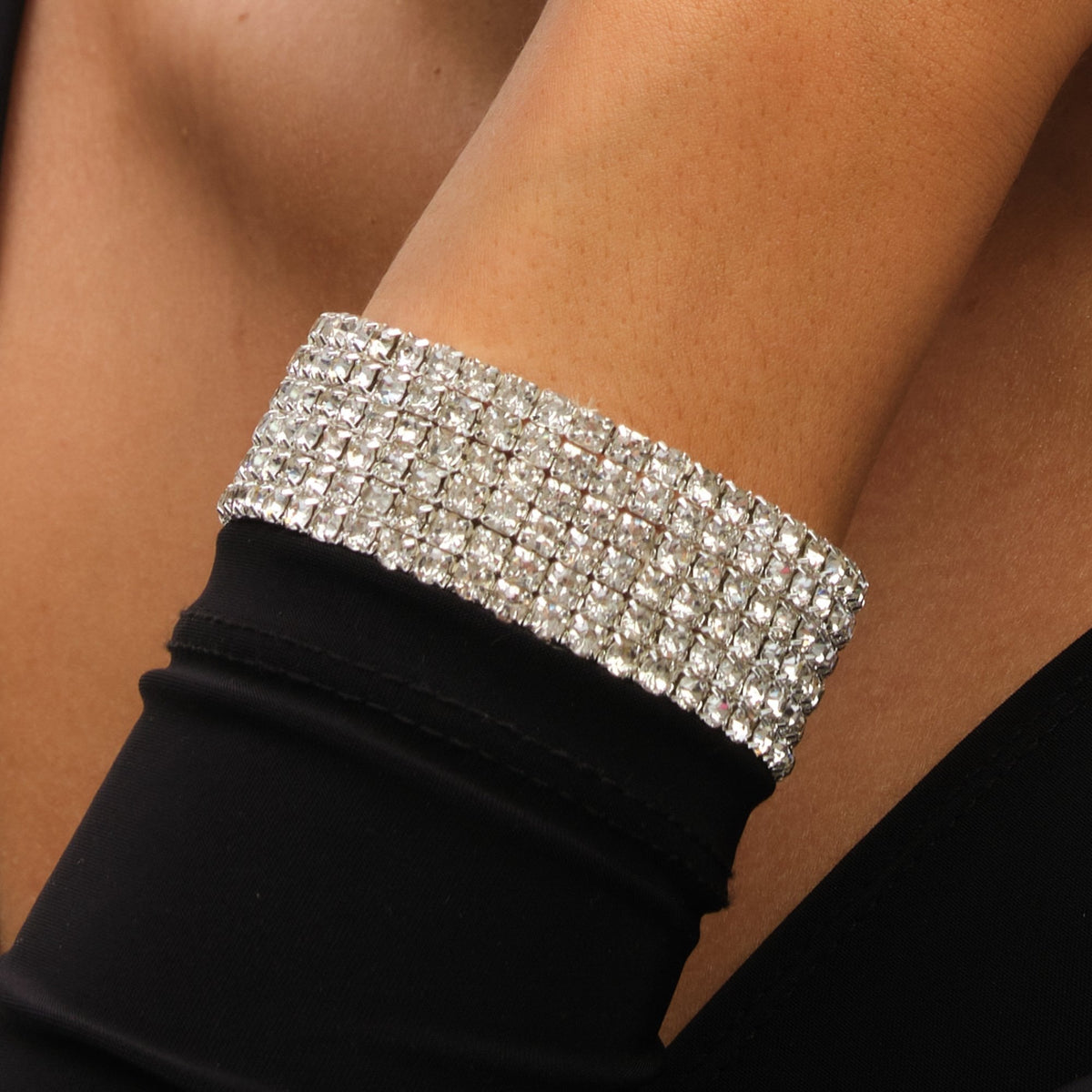 Mood Silver Crystal Multi Row Stretch Cuff