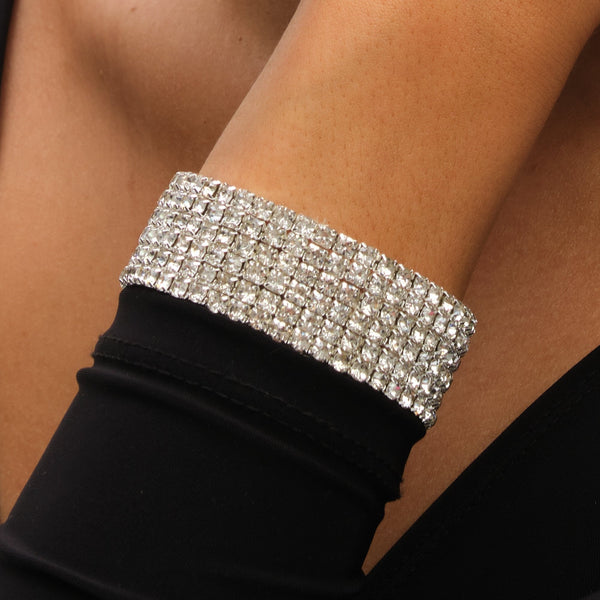 Mood Silver Crystal Multi Row Stretch Cuff