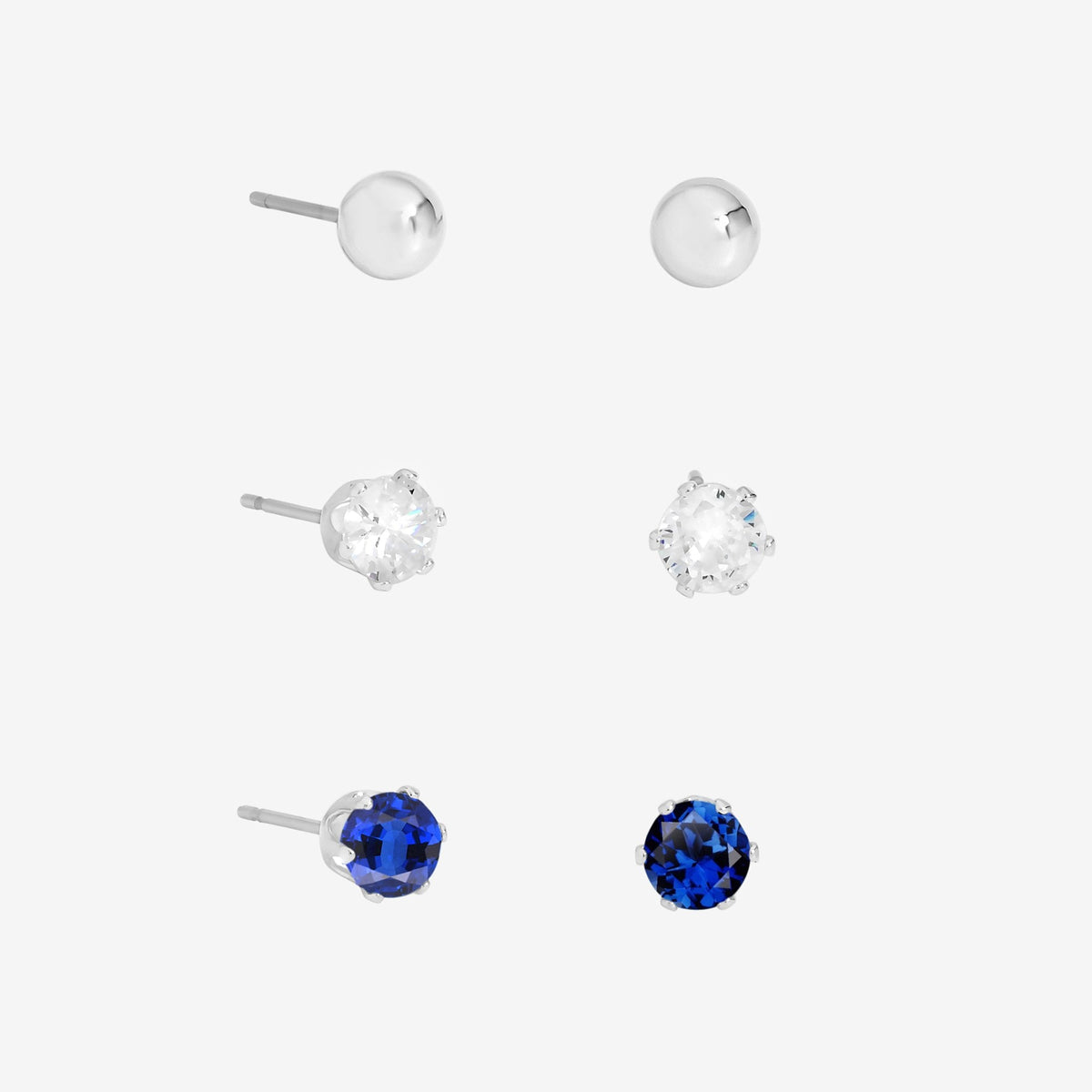 Mood Silver Polished, Crystal & Blue Stud Earrings - Pack of 3