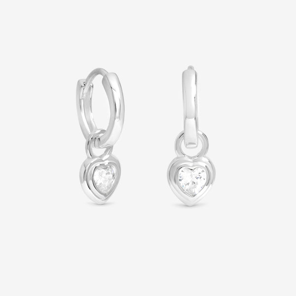 Simply Silver Sterling Silver 925 Polished and Cubic Zirconia Heart Bezel Hoop Earrings