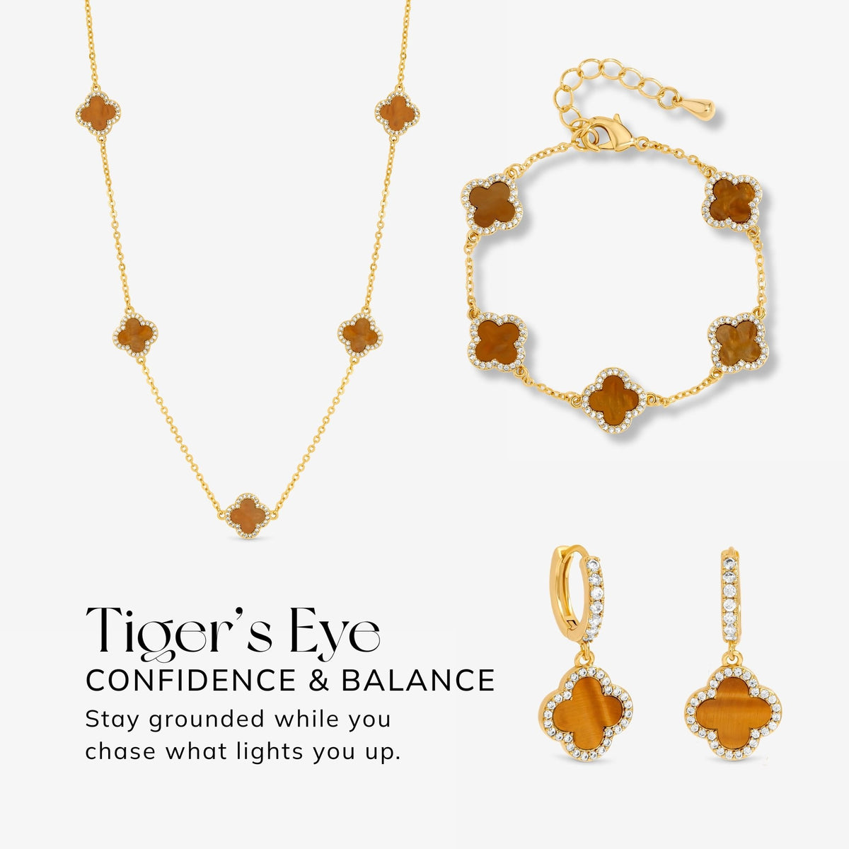 Jon Richard Gold Plated Tigers Eye Station Clover Necklace
