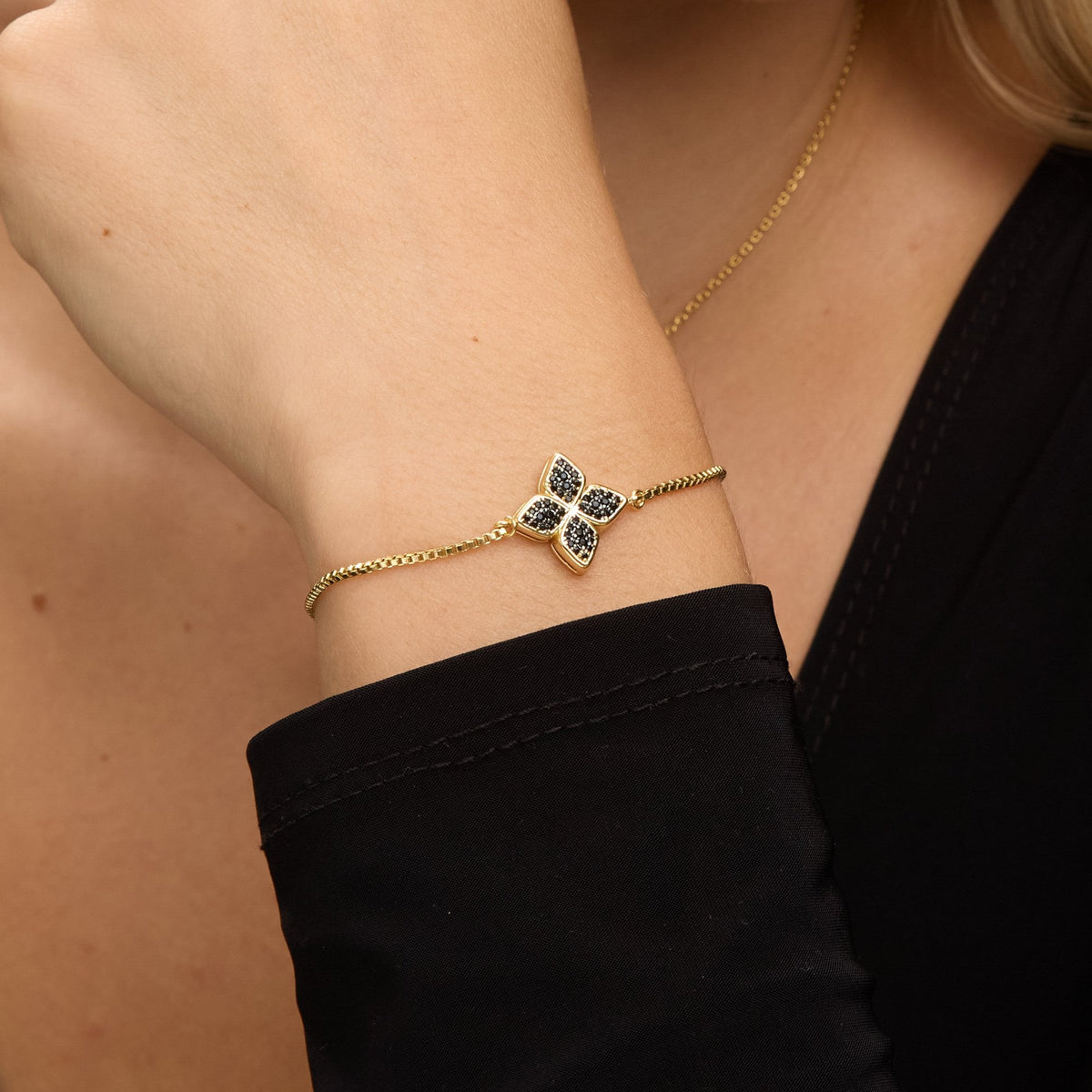 Jon Richard 14ct Gold Plated and Jet Druzy Stone Clover Bracelet