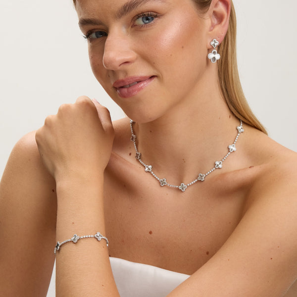 Jon Richard Rhodium Plated and Diamond Clover Double Drop Earrings - Gift Box