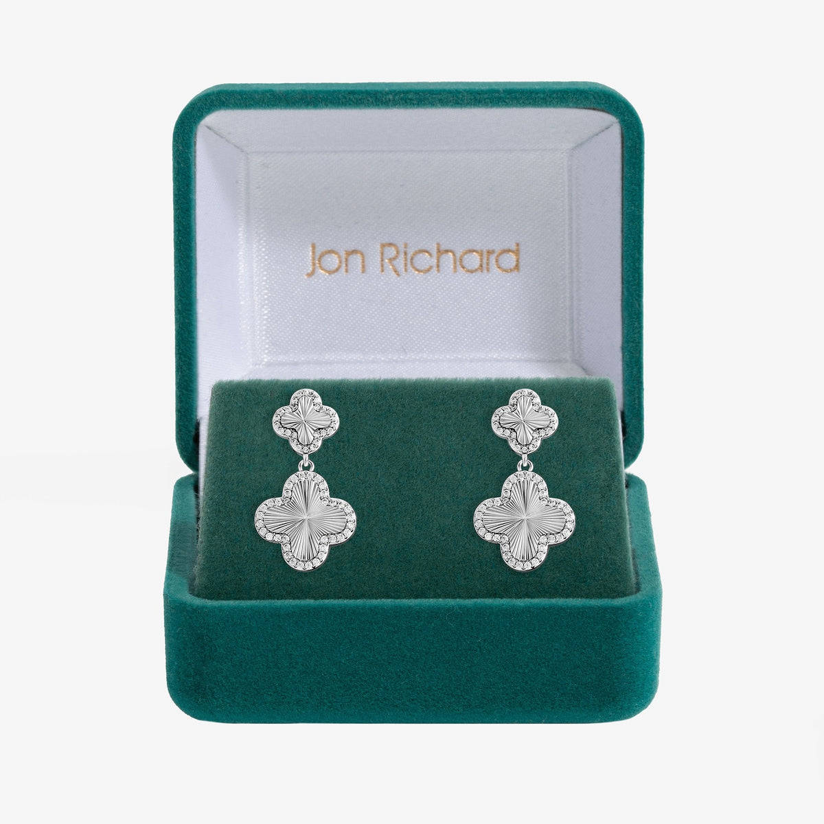 Jon Richard Rhodium Plated and Diamond Clover Double Drop Earrings - Gift Box