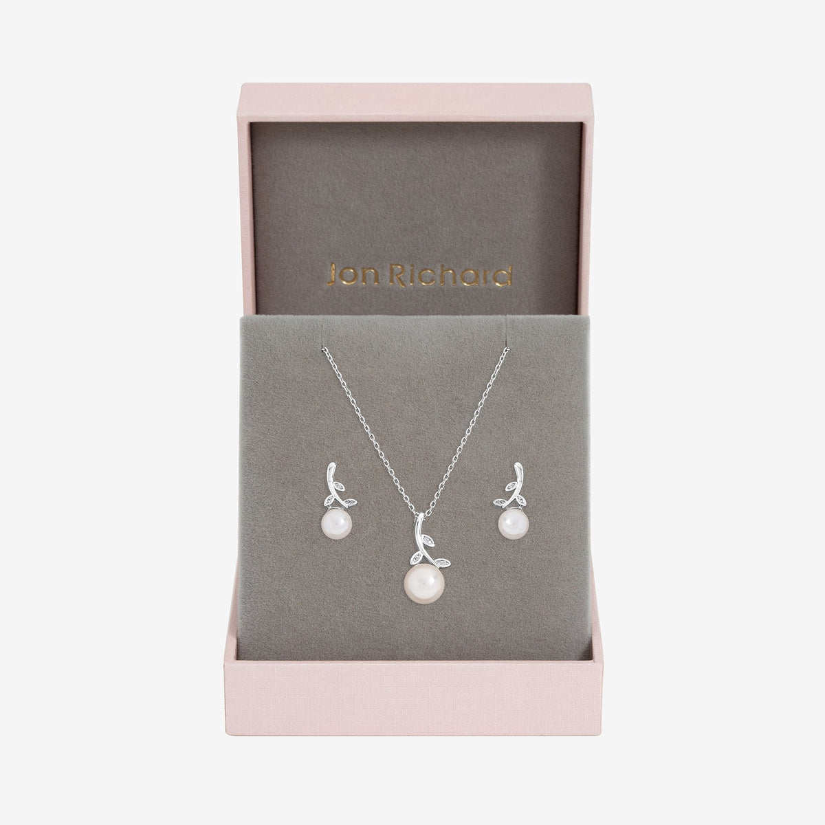 Jon Richard Rhodium Plated Crystal Leaf and Pearl Drop Set - Gift Box