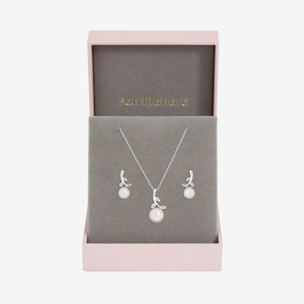 Jon Richard Rhodium Plated Crystal Leaf and Pearl Drop Set - Gift Box