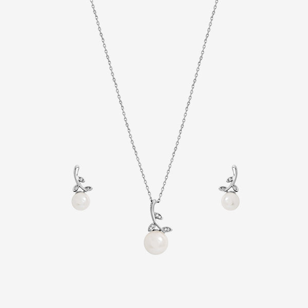 Jon Richard Rhodium Plated Crystal Leaf and Pearl Drop Set - Gift Box