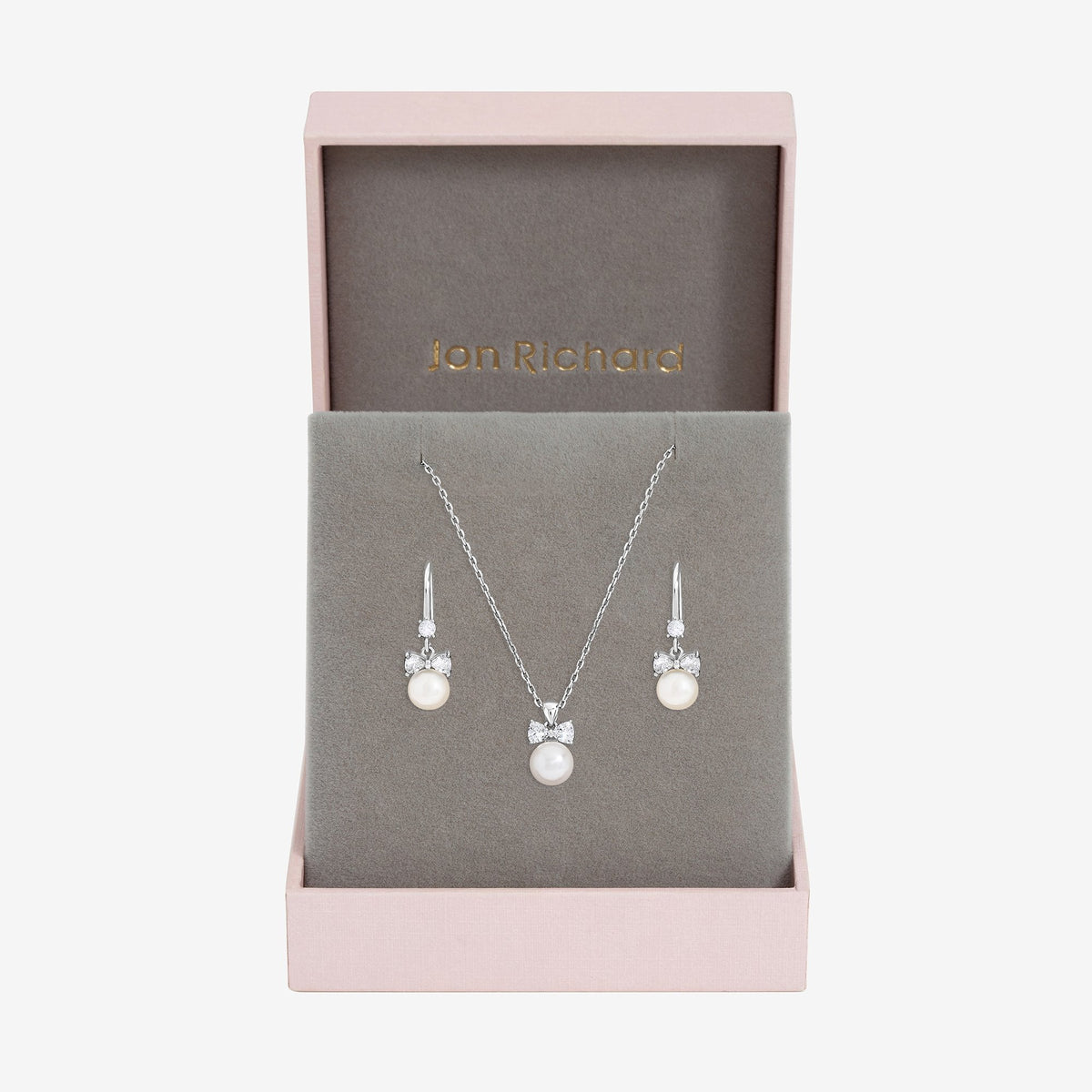Jon Richard Rhodium Plated Crystal Bow and Pearl Drop Set - Gift Box