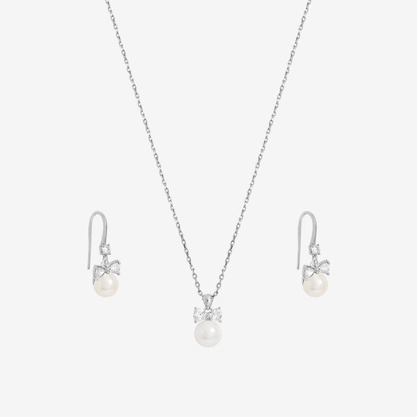Jon Richard Rhodium Plated Crystal Bow and Pearl Drop Set - Gift Box