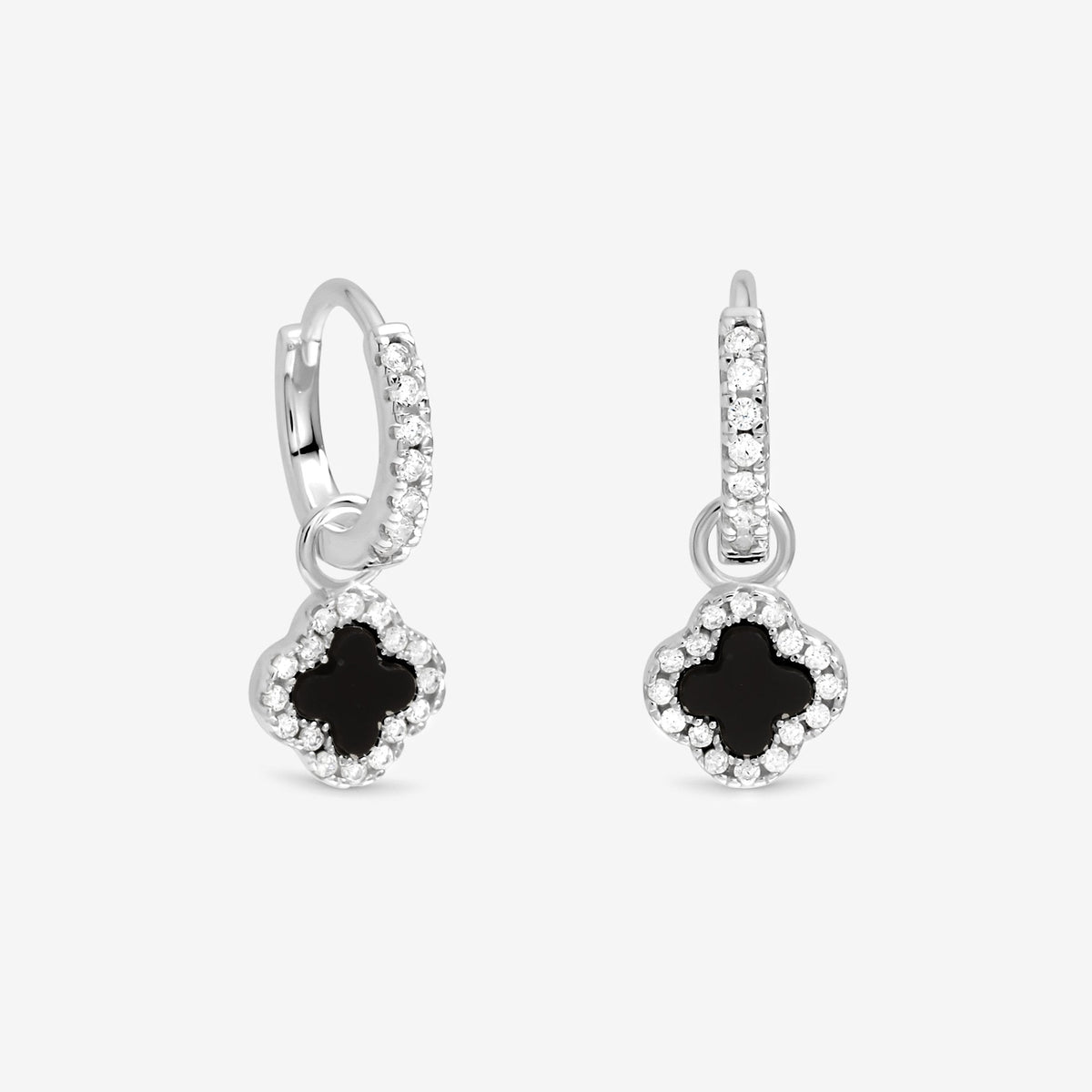 Simply Silver Sterling Silver 925 Pave and Jet Clover Charm Huggie Hoop Earrings