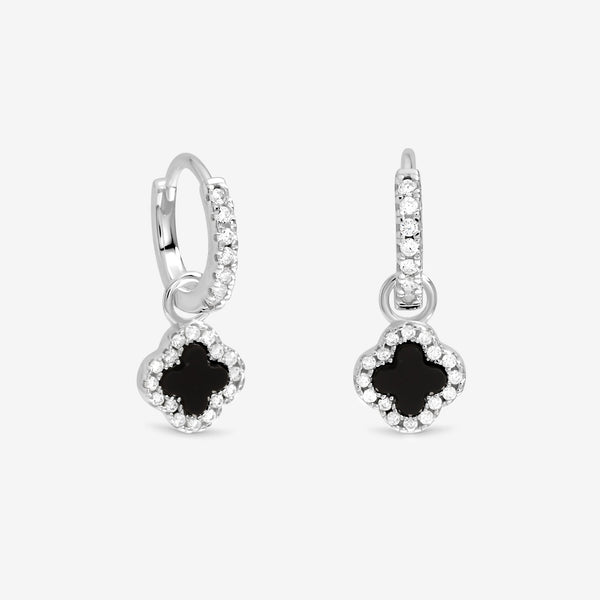 Simply Silver Sterling Silver 925 Pave and Jet Clover Charm Huggie Hoop Earrings