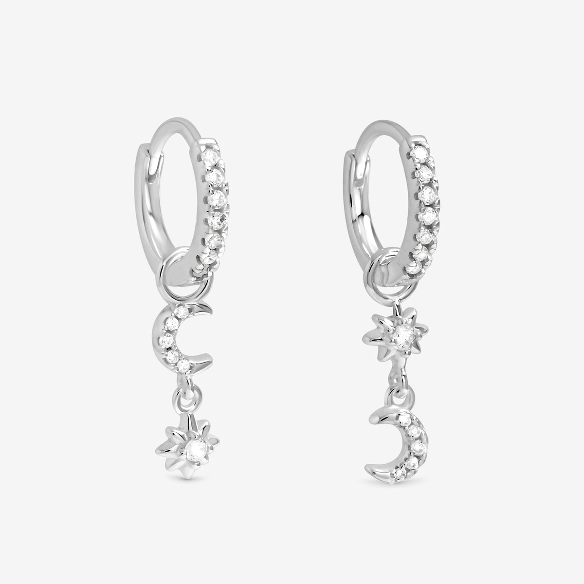 Simply Silver Sterling Silver 925 Pave Mismatch Celestial Hoop Earrings