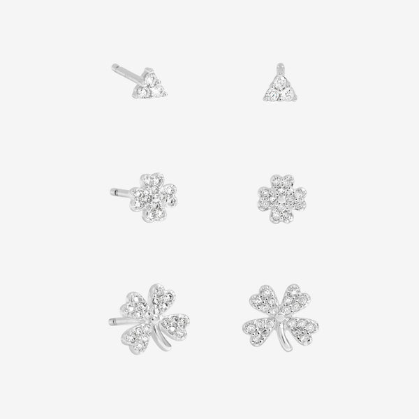 Simply Silver Sterling Silver 925 Polished and Cubic Zirconia Clover Earrings - Pack of 3