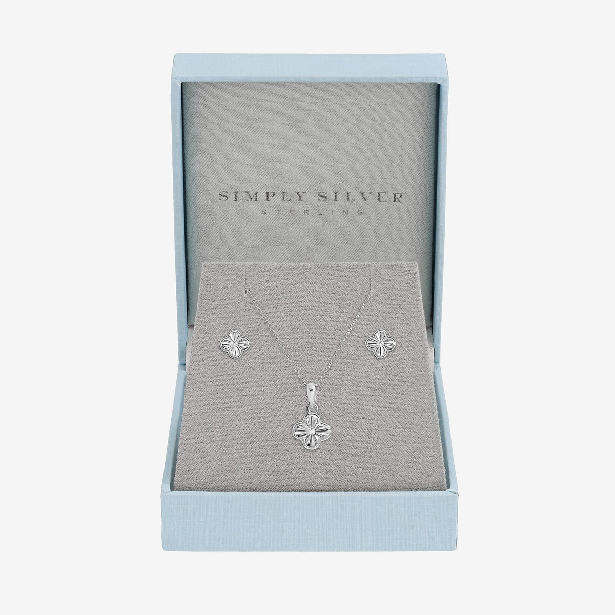 Simply Silver Sterling Silver 925 Polished Diamond Cut Clover Set - Gift Box