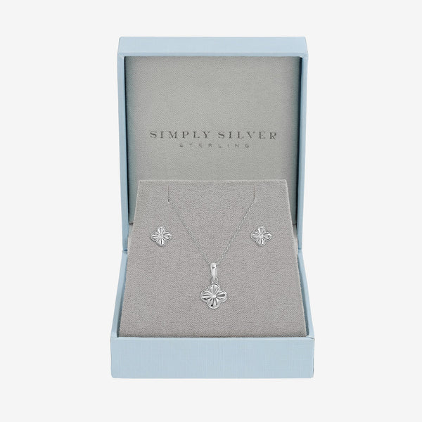 Simply Silver Sterling Silver 925 Polished Diamond Cut Clover Set - Gift Box