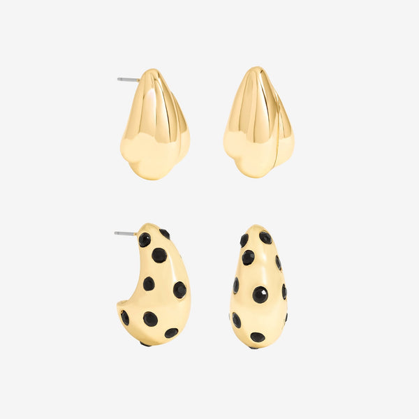 Mood Polished Gold & Jet Crystal Dome Earrings - Pack of 2