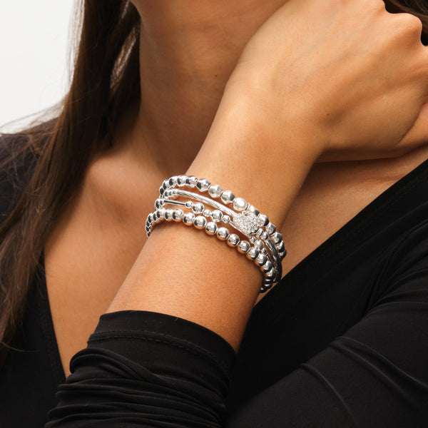 Mood Silver Polished & Crystal Heart Multipack Stretch Bracelets - Pack of 4