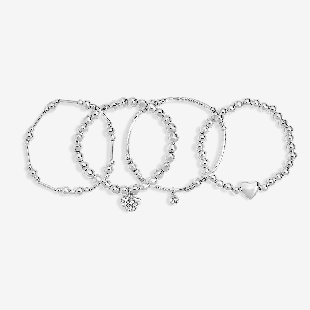 Mood Silver Polished & Crystal Heart Multipack Stretch Bracelets - Pack of 4