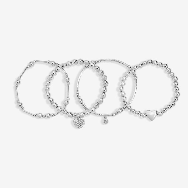 Mood Silver Polished & Crystal Heart Multipack Stretch Bracelets - Pack of 4