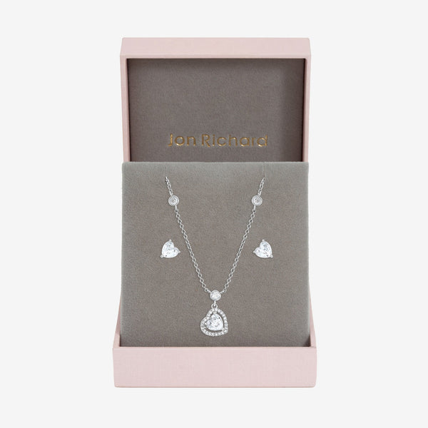 Jon Richard Rhodium Plated and Cubic Zirconia Heart Drop Set - Gift Box