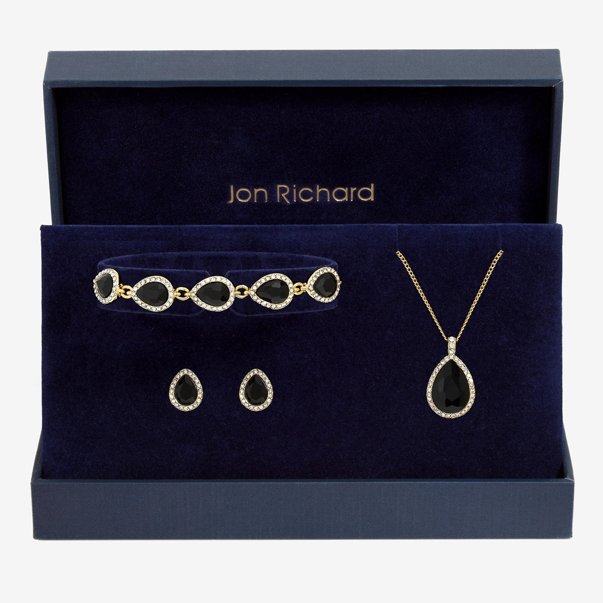 Jon Richard Gold Plated and Jet Pear Drop Trio Set - Gift Box