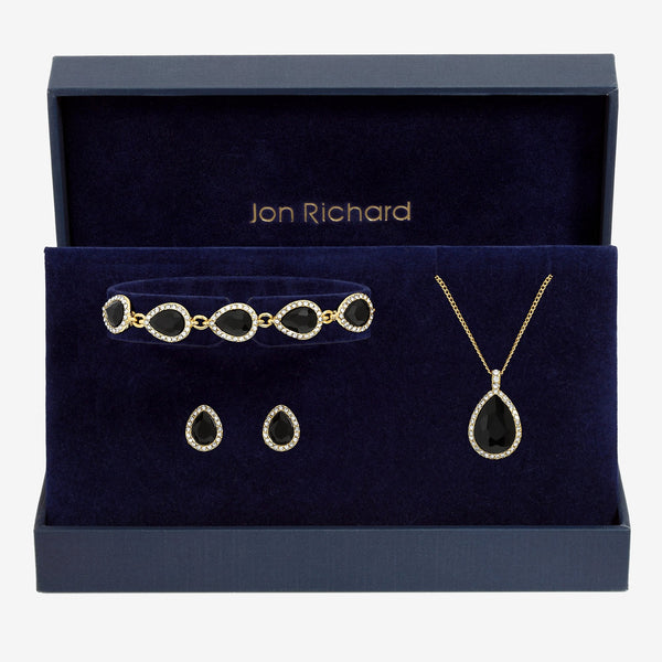 Jon Richard Gold Plated and Jet Pear Drop Trio Set - Gift Box