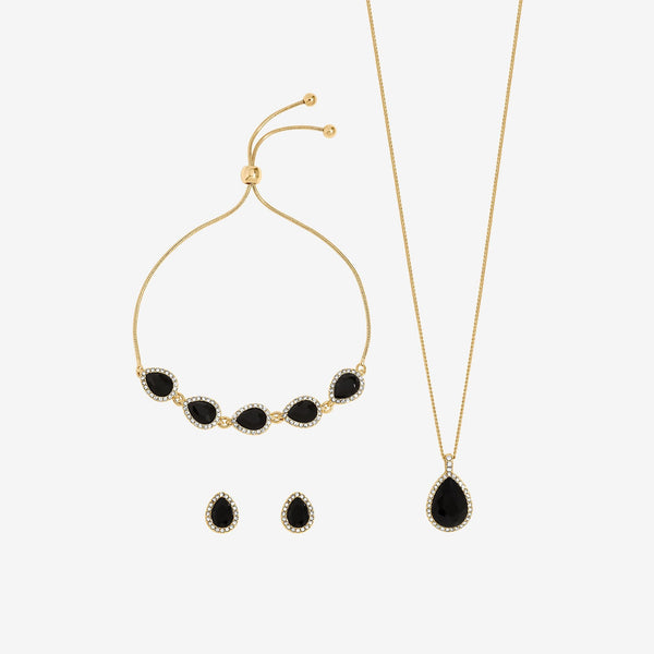 Jon Richard Gold Plated and Jet Pear Drop Trio Set - Gift Box