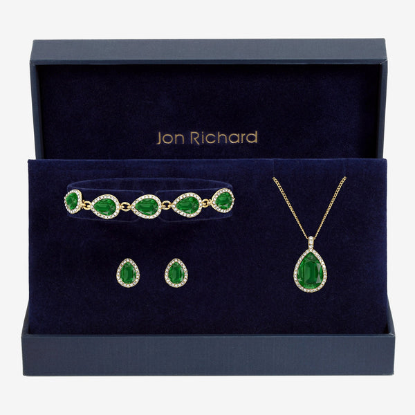 Jon Richard Gold Plated and Emerald Pear Drop Trio Set - Gift Box