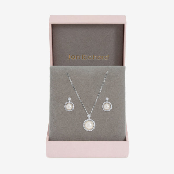 Jon Richard Rhodium Plated and Cubic Zirconia Pearl Halo Box Set - Gift Box