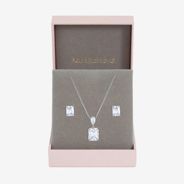 Jon Richard Rhodium Plated Crystal Open Stone Pendant Set - Gift Box