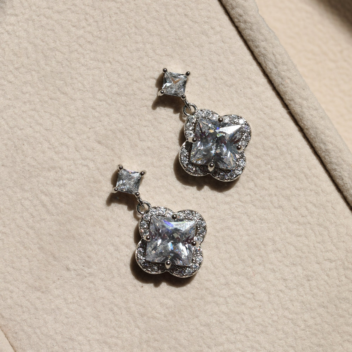 Jon Richard Rhodium Plated and Cubic Zirconia Clover Drop Earrings