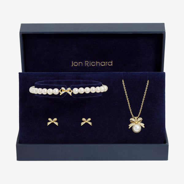 Jon Richard Gold Plated Pearl and Crystal Bow Trio Set - Gift Box