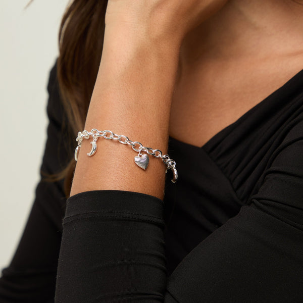 Mood Silver Ridged Heart & Moon Charm Bracelet