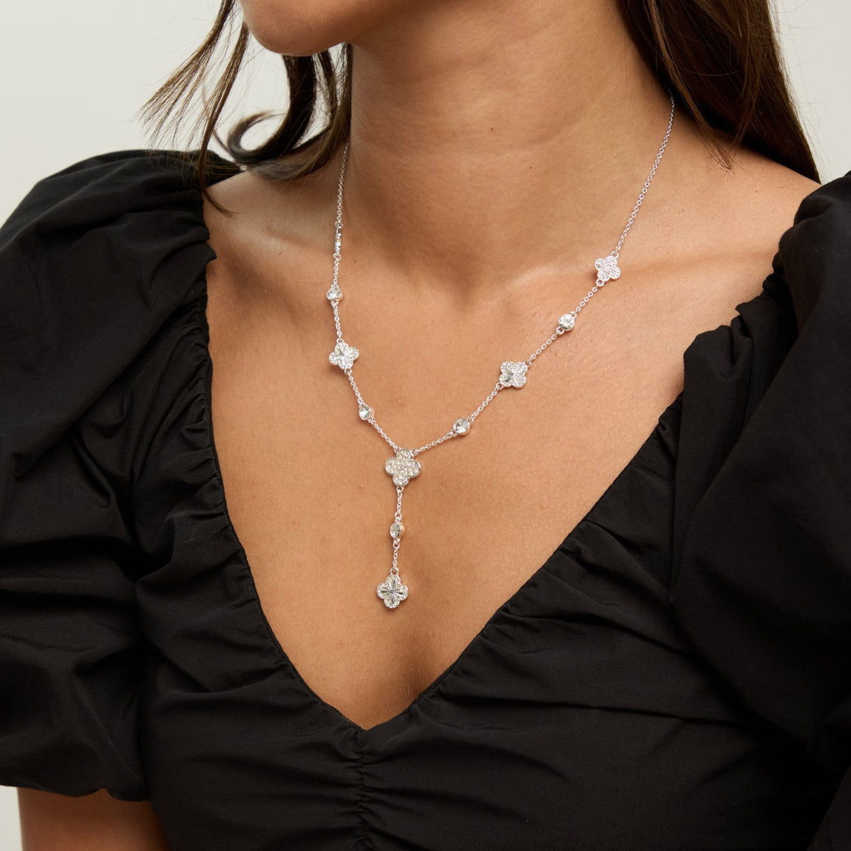 Mood Silver Pave Clover Y Drop Necklace