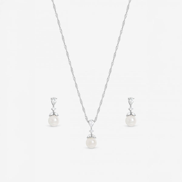 Jon Richard Rhodium Plated Crystal Leaf and Pearl Set - Gift Box