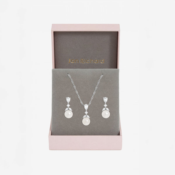 Jon Richard Rhodium Plated Crystal Leaf and Pearl Set - Gift Box