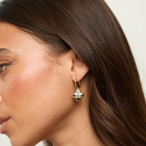 Inicio 14ct Gold Plated and Jet Enamel Clover Earrings - Gift Pouch