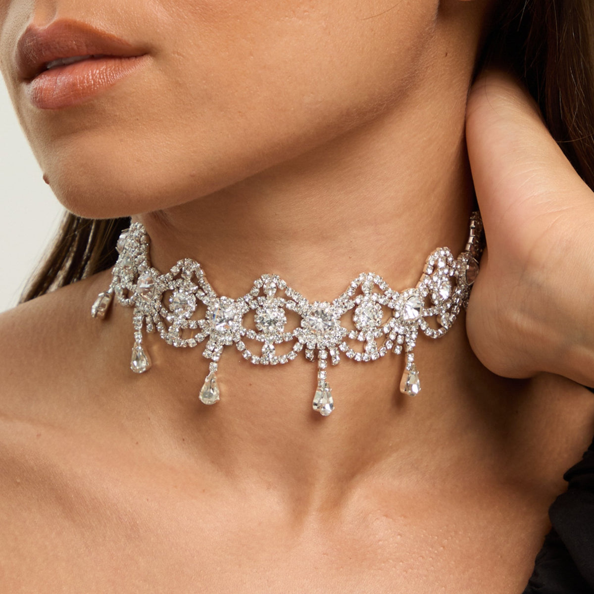 Mood Silver Crystal Bow Drop Statement Choker