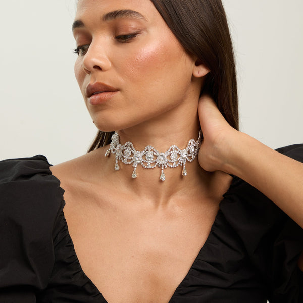 Mood Silver Crystal Bow Drop Statement Choker