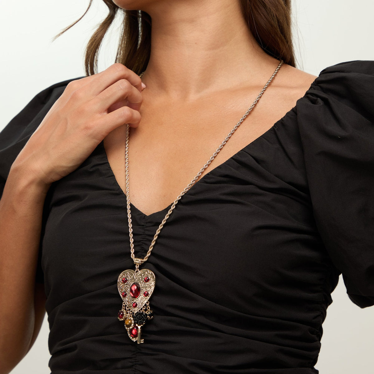 Mood Antique Gold & Red Resin Heart Charm Long Necklace