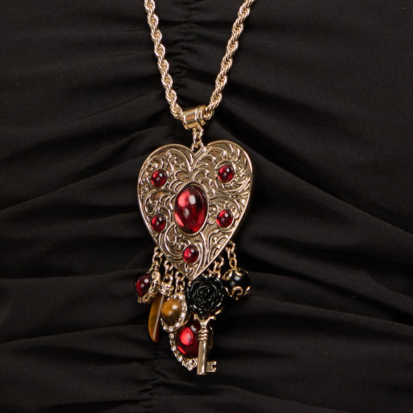 Mood Antique Gold & Red Resin Heart Charm Long Necklace