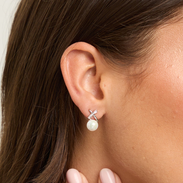 Jon Richard Rhodium Plated Pave and Pearl Kiss Stud Earrings