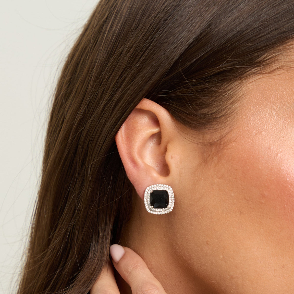 Jon Richard Rhodium Plated Large Sqaure Jet Halo Stud Earrings