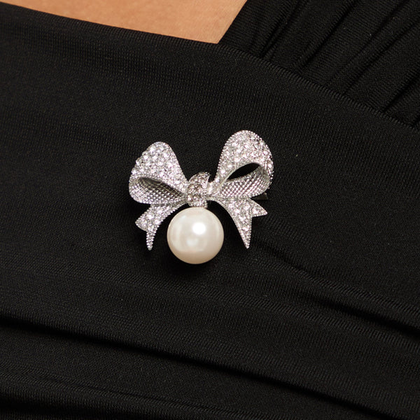 Jon Richard Silver Plated and Pearl and Crystal Bow Brooch - Gift Box