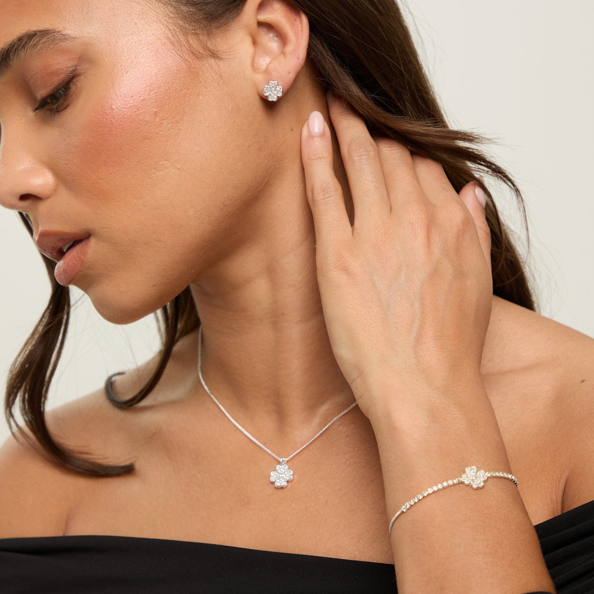 Jon Richard Silver Plated and Pave Clover Trio Set - Gift Box