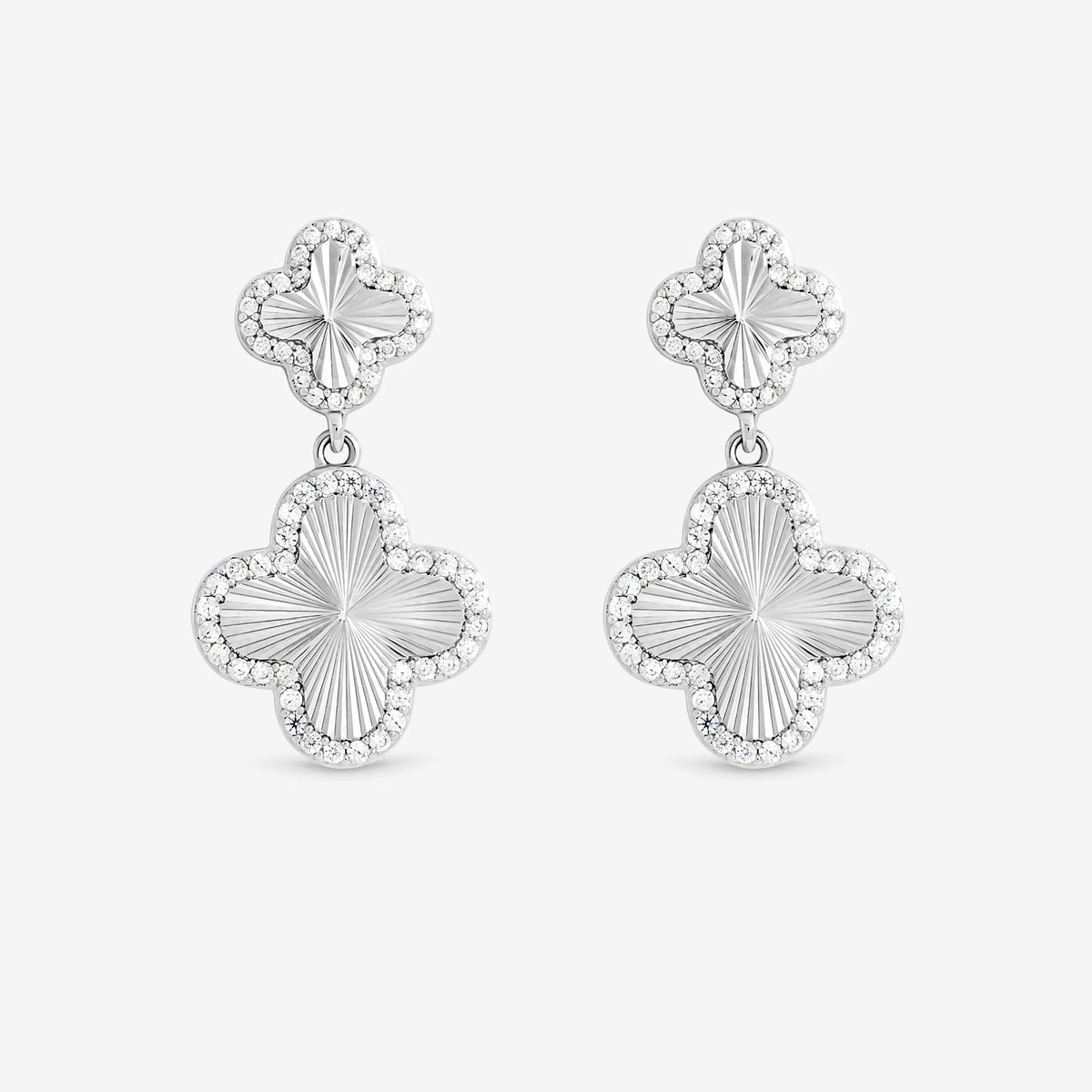 Jon Richard Rhodium Plated and Diamond Clover Double Drop Earrings - Gift Box