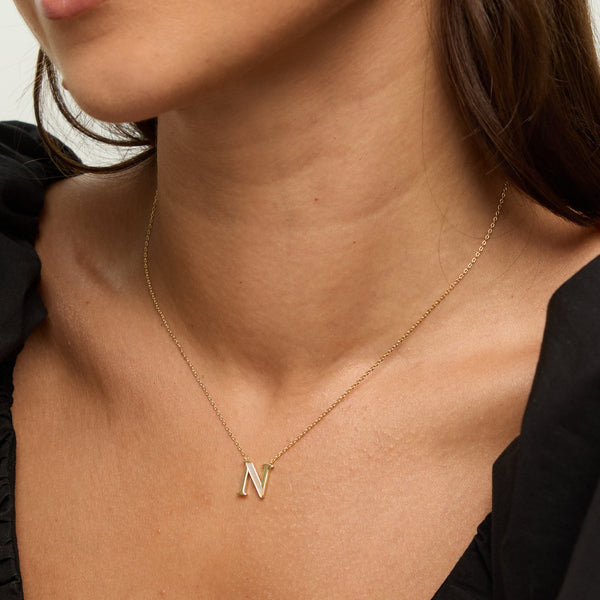 Inicio 14K Real Gold Plated and Mother of Pearl Initial Pendant - N - Gift Pouch