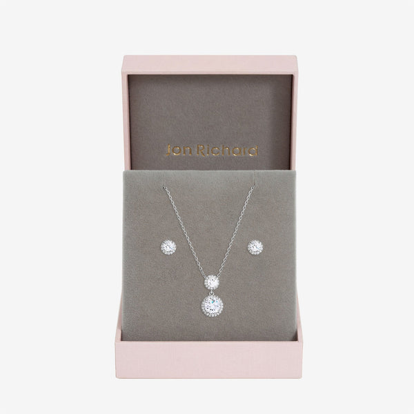 Jon Richard Rhodium Plated and Cubic Zirconia Double Halo Drop Set - Gift Box